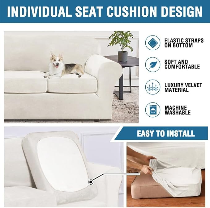 H.VERSAILTEX Real Velvet Plush 3 Piece Stretch Sofa Covers Couch Covers - Image 6