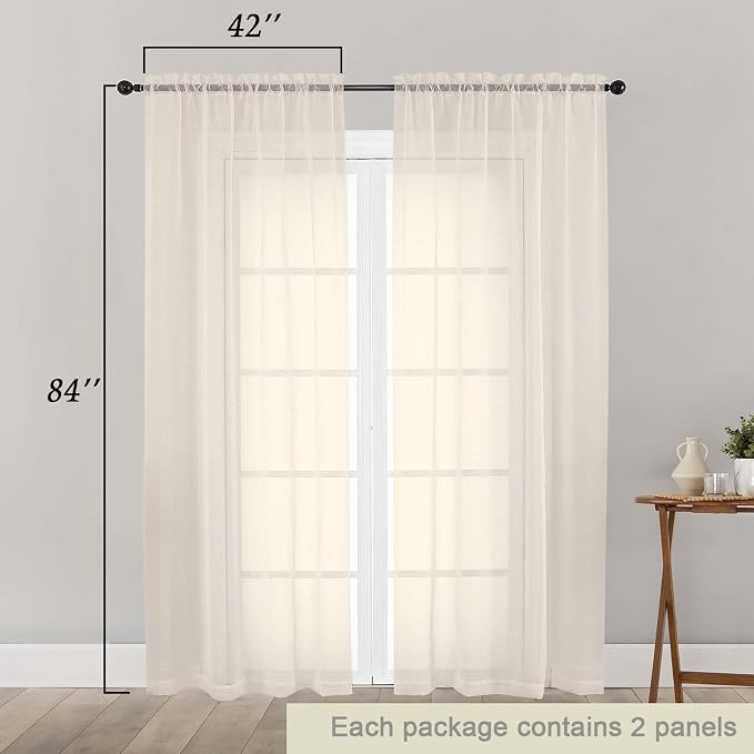 Cream Sheer Curtains 84 Inches Long 2 Panels Set - Image 2