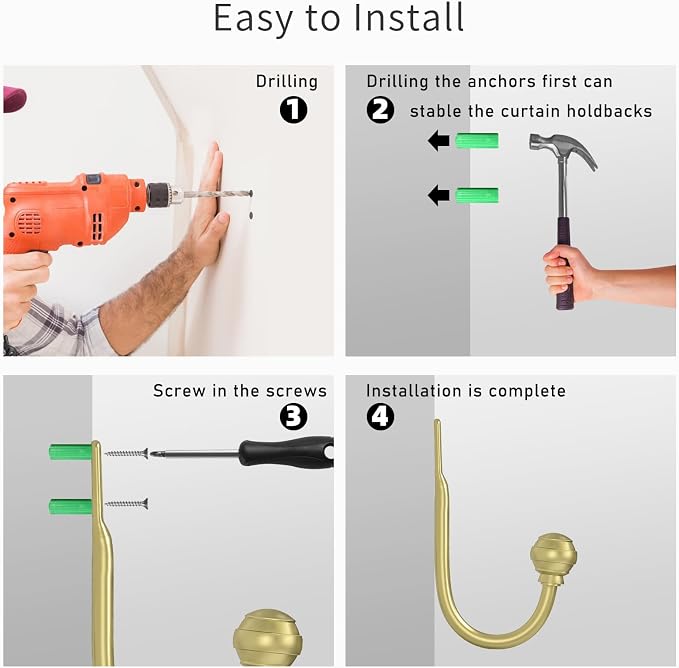 Hion Curtain Holdbacks Gold 2pcs, Curtain Tiebacks Wall Mounted Curtain Hooks - Image 7