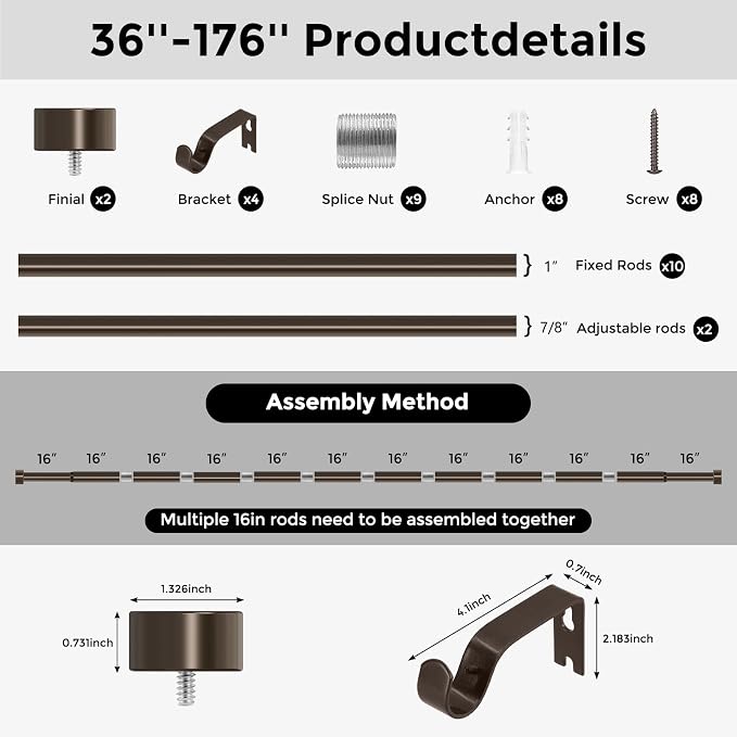 Bronze Curtain Rods for Windows 36 to 176 Inch, Size:36-176 Inch - Image 8