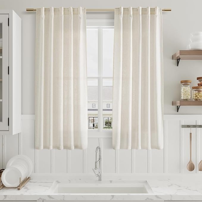 Nanspring 60 Inch Length Linen Curtains Cream Semi Sheer Light Filtering Back - Image 6