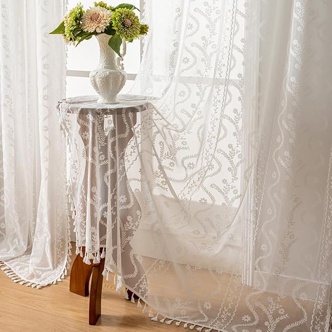 WAZZIO White Boho Lace Curtains 84 Inch -Cute Vintage Victorian Sheer Panel by WAZZIO