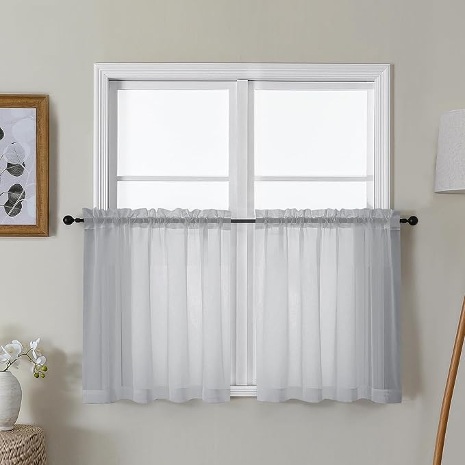 Gwine Light Grey Sheer Curtain Tiers 24 Inch Length, Light Filtering Voile by Gwine