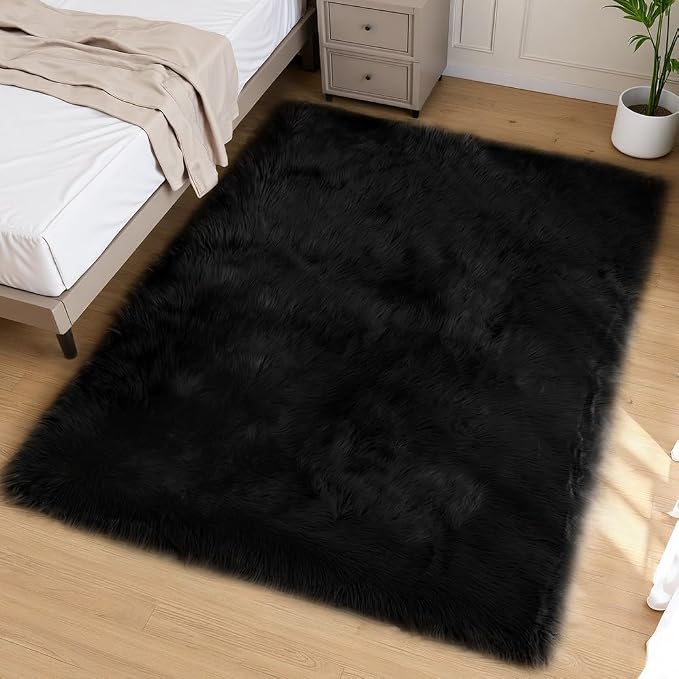 Goolela Black Faux Sheepskin Fur Rug 5x8 by Goolela