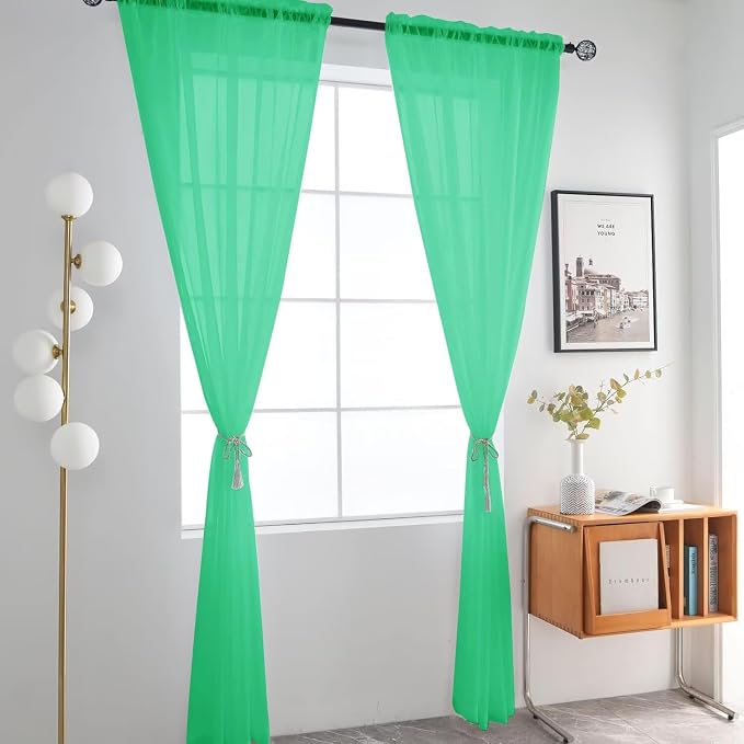 SpaceDresser Basic Rod Pocket Sheer Voile Window Curtain Panels Grass Green 1 - Image 2