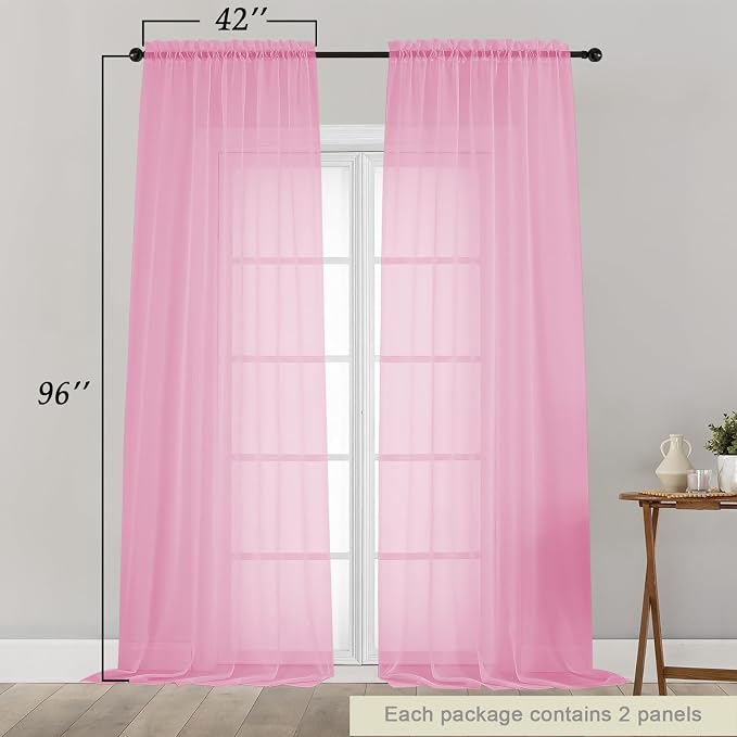 Pink Sheer Curtains for Bedroom Living Room 96 Inches Long 2 Panels, Modern - Image 2