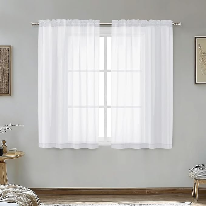 OVZME White Sheer Curtains 45 Inch Long 2 Panels, Rod Pocket Voile Drapes by OVZME