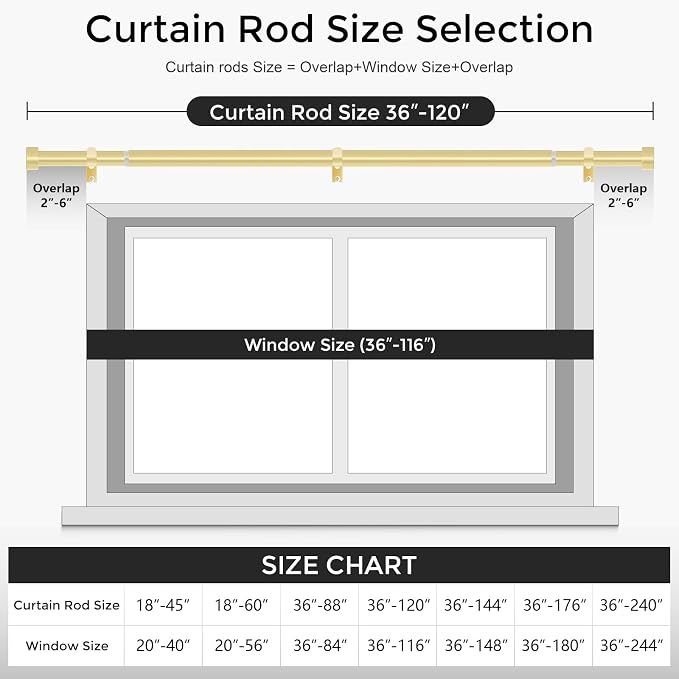 VOIIY Gold Curtain Rods for Windows 66 to 120 Inch, Size:36-120 Inch - Image 5