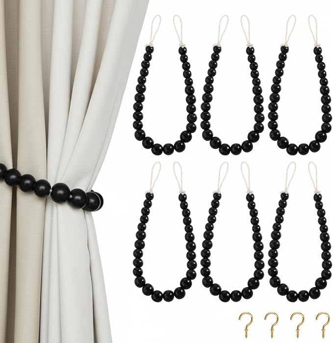 Hion 6 Pcs Boho Curtain Tiebacks, Wood Beads Curtain Holdbacks, Outdoor by Hion