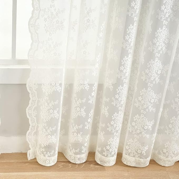 YJ YANJUN Vintage Lace Curtains 80 Inch Length Victorian Floral Cream Sheer - Image 4