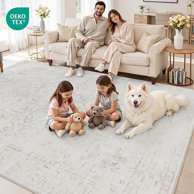 5x7 Area Rugs Living Room: Bedroom Washable Carpet Neutral Cream | Large - Image 8