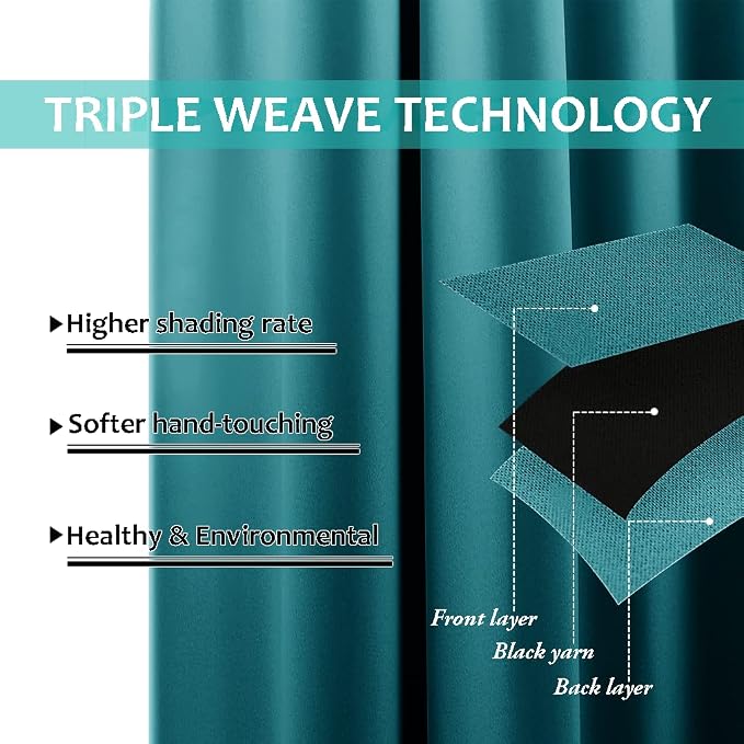 NICETOWN Peacock Teal 100% Blackout Lined Curtains, 2 Thick Layers Narrow Wide - Image 6