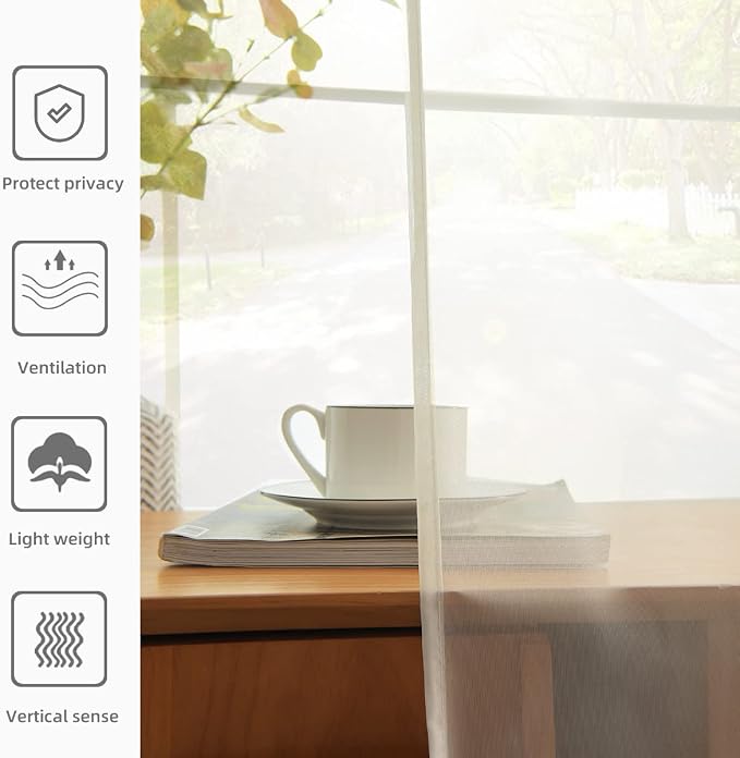 youleyar Solid Sheer Rod Pocket Curtain Voile Draperies 2 Panels White Beige - Image 5