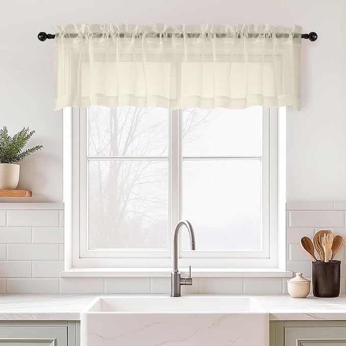 Cream Valances for Windows 14 inch Length 2 Panels Set, Small Voile Sheer by Home
