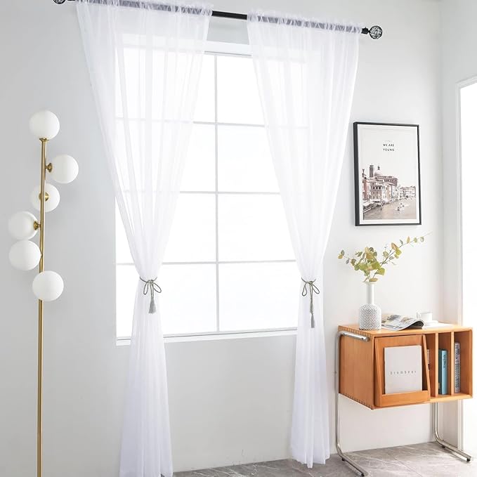 youleyar Sheer Rod Pocket Curtain Voile Draperies 2 Panels White Beige Black - Image 2