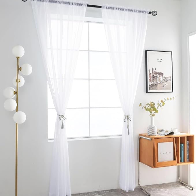 youleyar Sheer Rod Pocket Curtain Voile Draperies 2 Panels White Beige Black - Image 2