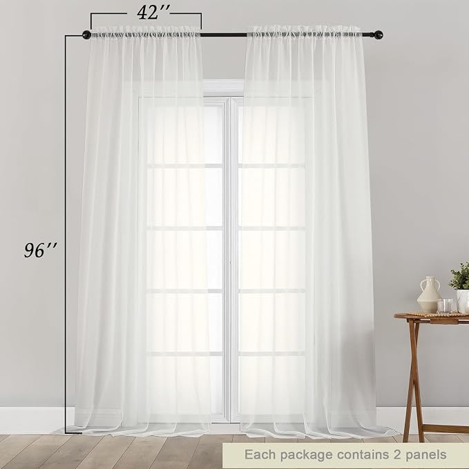 Ivory Sheer Curtains for Bedroom Living Room 96 Inches Long 2 Panels, Modern - Image 2