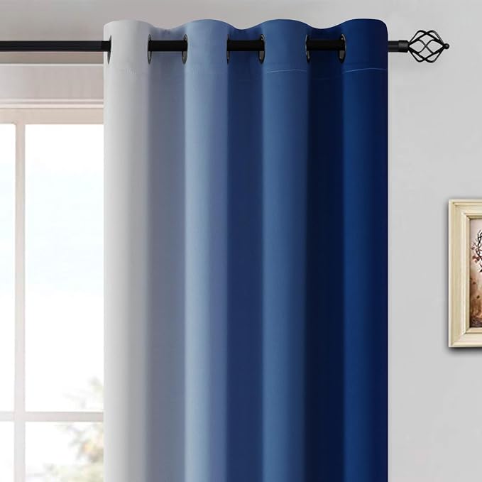 Yakamok Greyish White and Royal Blue Ombre Curtains, Light Blocking Curtains - Image 3