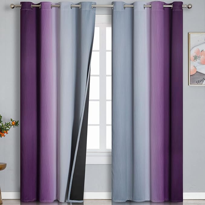 Purple and Grey Blackout Curtains 84 Inches Long, Ombre and Wavy Line Pattern by ESTELARTEXTILER