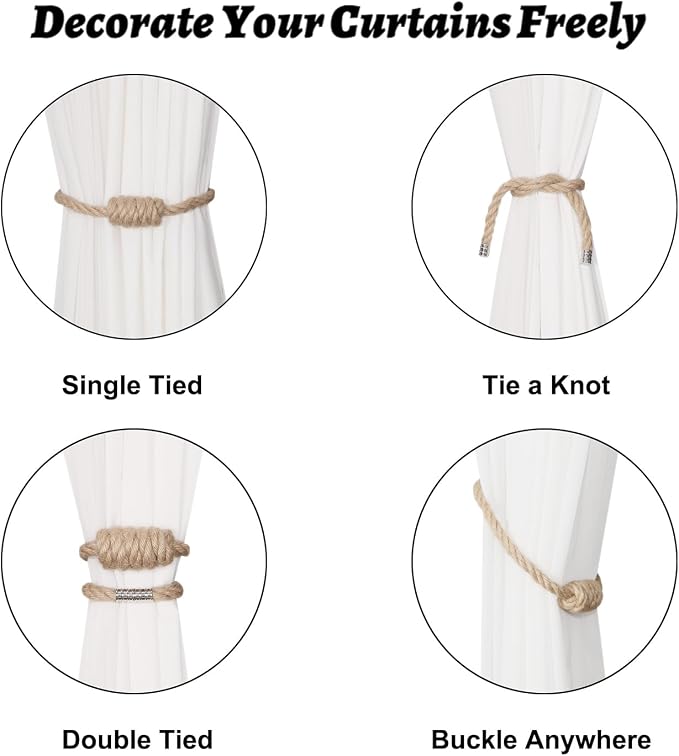 BEL AVENIR Magnetic Jute Curtain Tiebacks, Decorative Drapery Holdbacks - Image 3