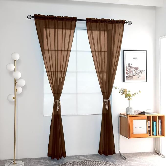 youleyar Solid Sheer Rod Pocket Curtain Voile Draperies 2 Panels White Beige - Image 2
