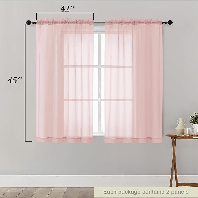 Blush Sheer Curtains for Bedroom Living Room 45 Inch Length 2 Panels, Soft Airy - Image 2