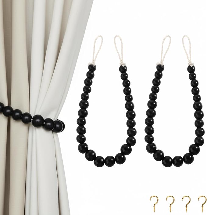 Hion 2 Pcs Boho Curtain Tiebacks, Wood Beads Curtain Holdbacks, Outdoor by Hion