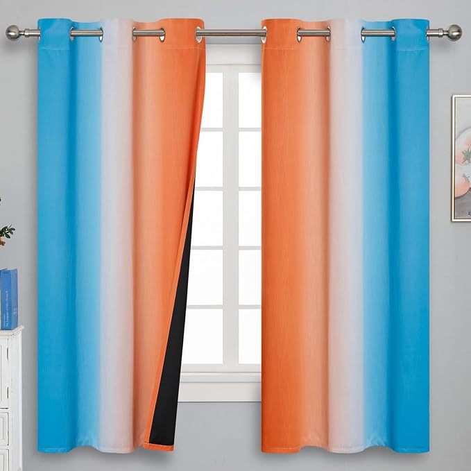 Ombre Orange and Blue Curtains 63 Inch Length 2 panels, Total Blackout Curtains - Image 2