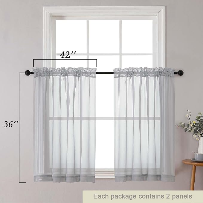 Cafe Curtains 36 Inch Length Tier 2 Pieces, Modern Soft Airy Sheer Kitchen - Image 2