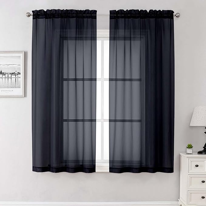 Lecloud Black Sheer Curtains 68 Inch Length 2 Pcs, Light Filtering Rod Pockets by Lecloud
