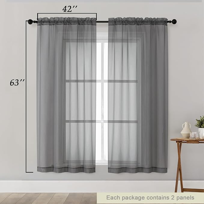Sheer Grey Curtains for Bedroom Living Room 63 Inch Length 2 Panels, Airy Soft - Image 2