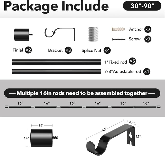 IFELS Heavy Duty Curtain Rods for Windows 48 to 84 Inch, 1 Inch Black Curtain - Image 6