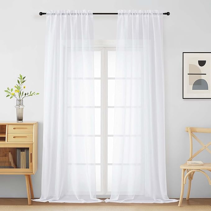 White Sheer Curtains for Window 96 Inches Long 2 Panels Set, Soft Airy Light by Home