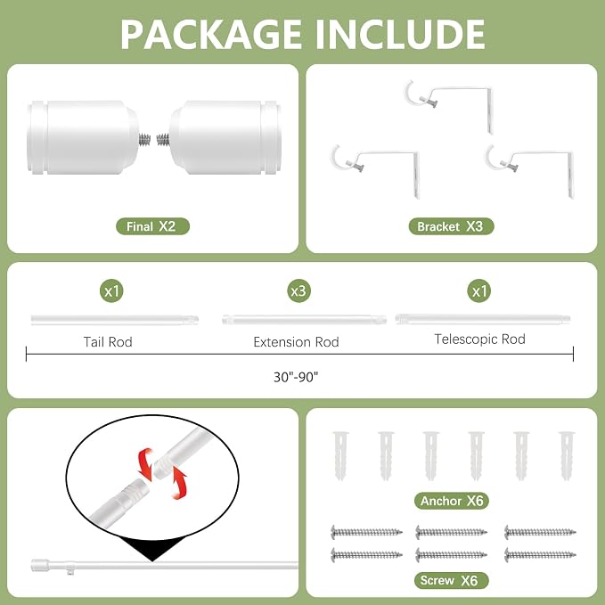 5/8” White Diameter Curtain Rods 30-90 Inch, - Image 3