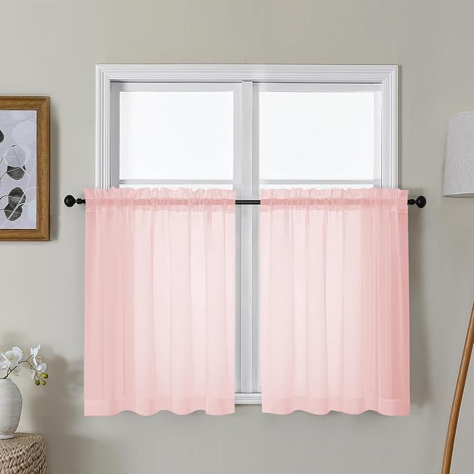 Gwine Blush Pink Sheer Curtains 30 Inch Length, Short Light Filtering Voile by Gwine