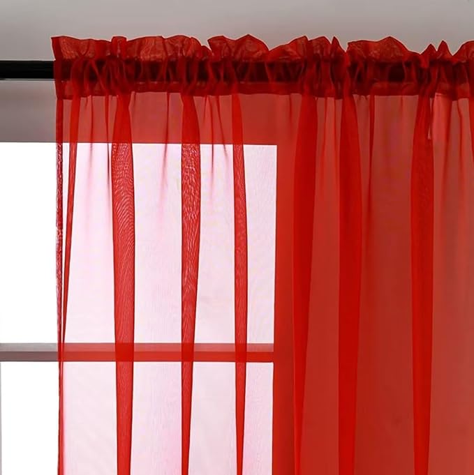 SpaceDresser Sheer Red Curtains 4 Panels Rod Pocket Semi-Sheer Curtain 90 - Image 3