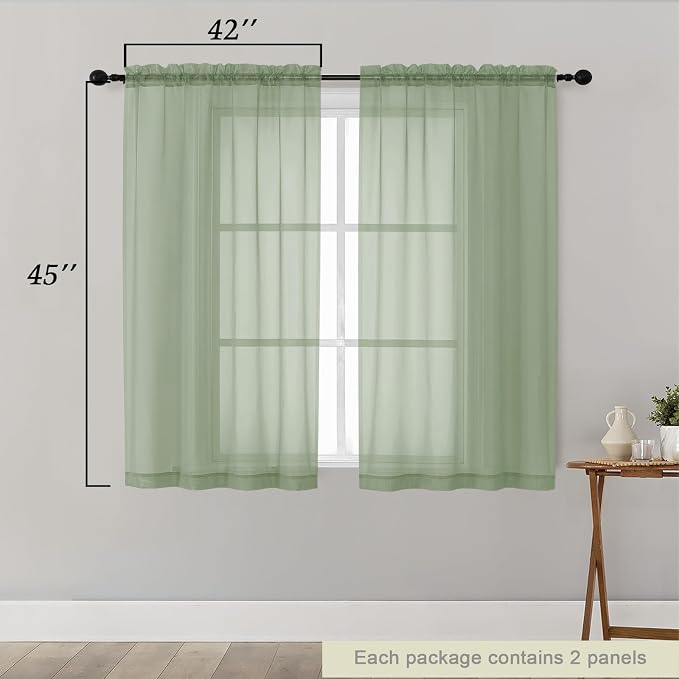 Sage Green Sheer Curtains for Bedroom Living Room 45 Inch Length 2 Panels - Image 2