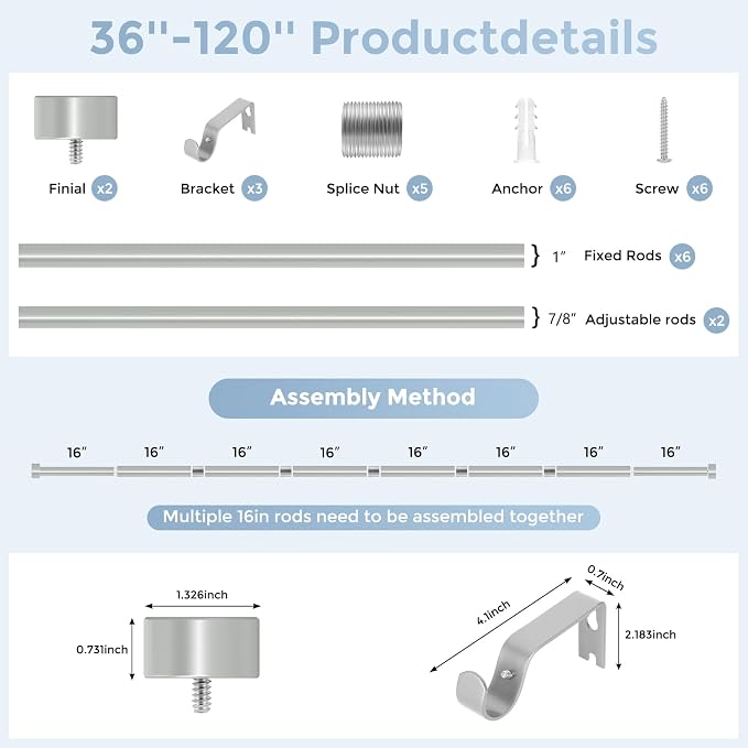 VOIIY Silver Curtain Rods for Windows 66 to 120 Inch, Size:36-120 Inch - Image 8
