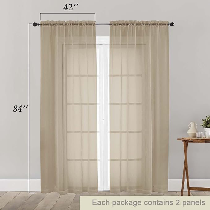 Taupe Sheer Curtains 84 Inches Long 2 Panels, Soft Airy Light Filtering Curtains - Image 2