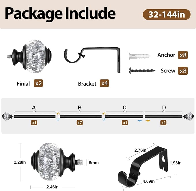 USFOOK 7/8 inch Curtain Rods for Windows 66 to 120 Inch, Telescoping Splicing - Image 8