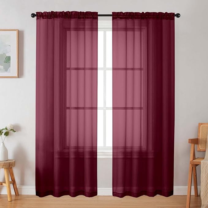 Burgundy Sheer Curtain for Bedroom Living Room 72 Inches Long 2 Panels Set by WelvetBLK