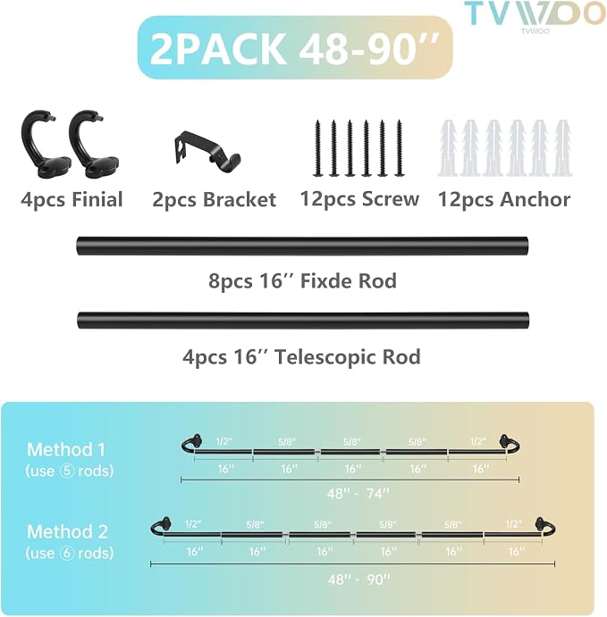 TVWOO 2 Pack Wrap Around Curtain Rods, 5/8 Inch Adjustable Blackout Curtain Rod - Image 8