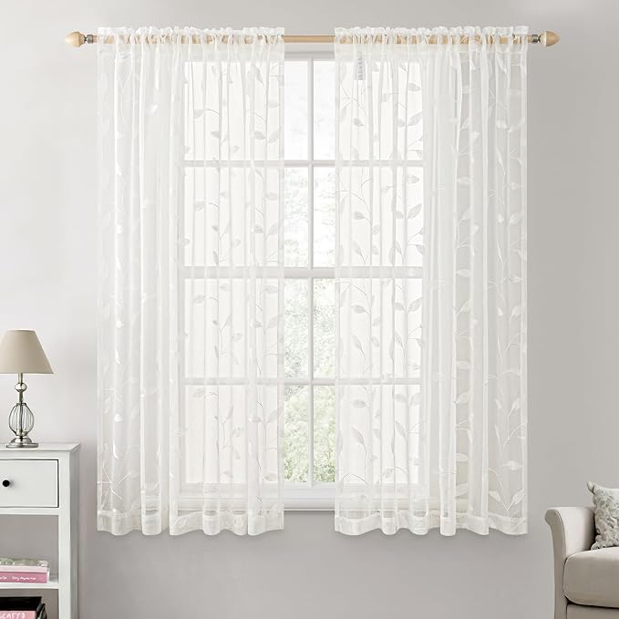 MIULEE Ivory Sheer Curtains 2 Panels Embroidered Leaf Patterned Rod Pocket - Image 2