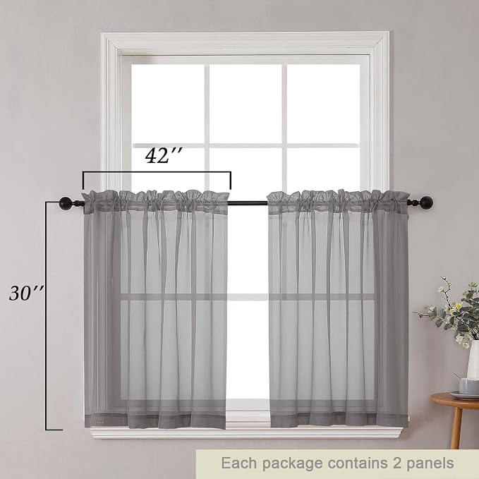 Grey Kitchen Curtains 30 Inch Length Tier 2 PCS, Solid Soft Half Curtains - Image 2