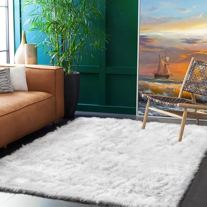 Goolela White Sheepskin Area Rug 5x8 Fluffy Faux Fur Fuzzy Furry Carpet - Image 2