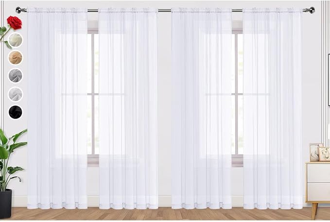 SpaceDresser Optical White Sheer Curtains 4 Panels Rod Pocket Semi-Sheer by SpaceDresser