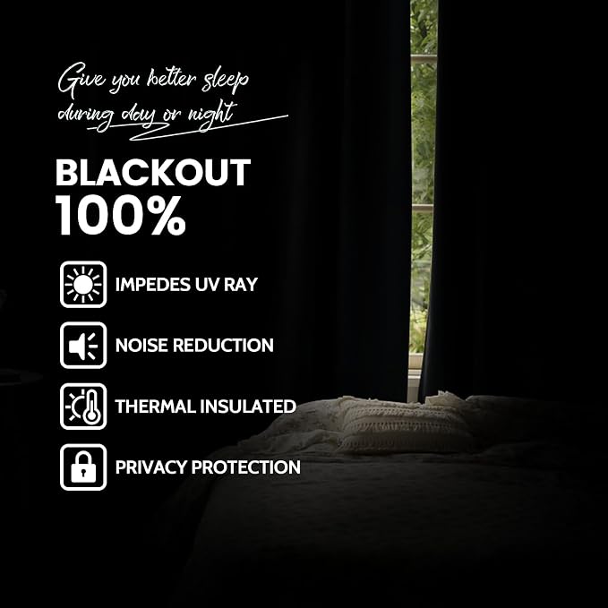 Yakamok 100% Blackout Curtains Black Room Darkening Thermal Insulated Window - Image 2