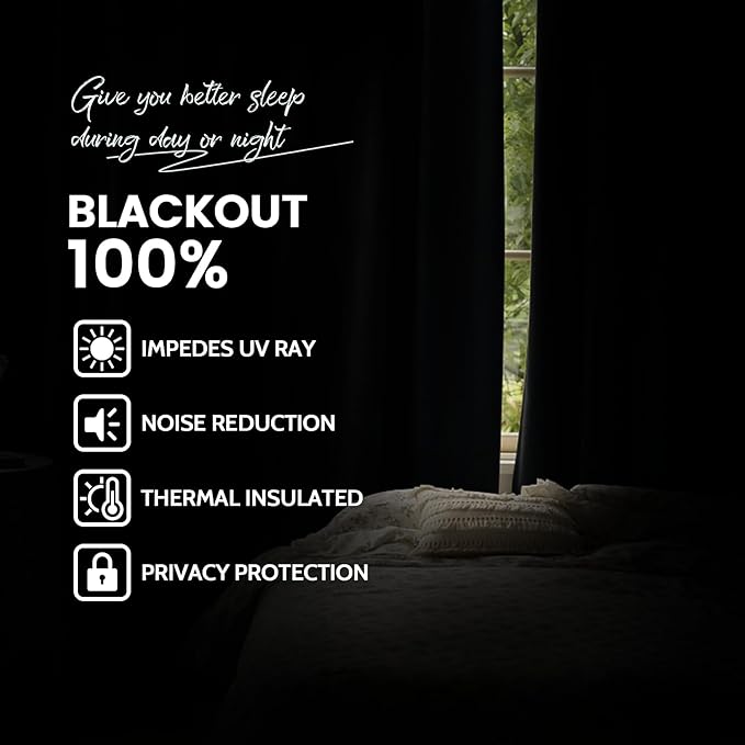 Yakamok 100% Blackout Curtains Black Room Darkening Thermal Insulated Window - Image 2