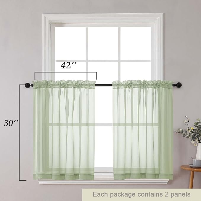 Light Green Kitchen Curtains 30 Inch Length Tier 2 PCS, Solid Soft Airy Half - Image 2