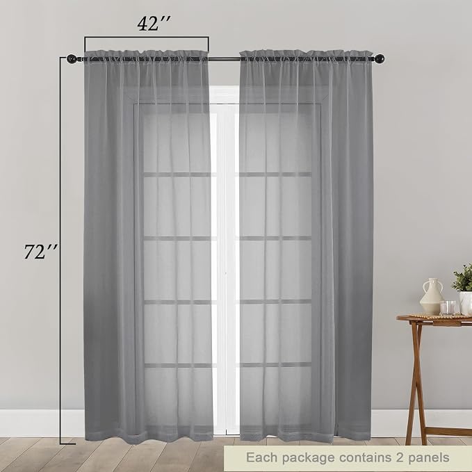 Grey Sheer Curtain for Bedroom Living Room 72 Inches Long 2 Panels Set - Image 2